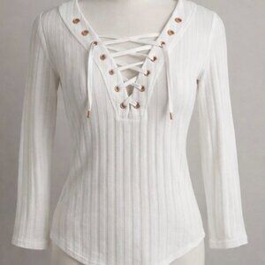 Free People Lace-Up Layering Top Small Petite White Grommet 3/4 Sleeve